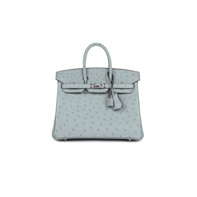HERMÈS MASTER BIRKIN 25 OSTRICH LEATHER LINEN BLUE SILVER BUCKLE H041944CK64 (25*20*13cm)